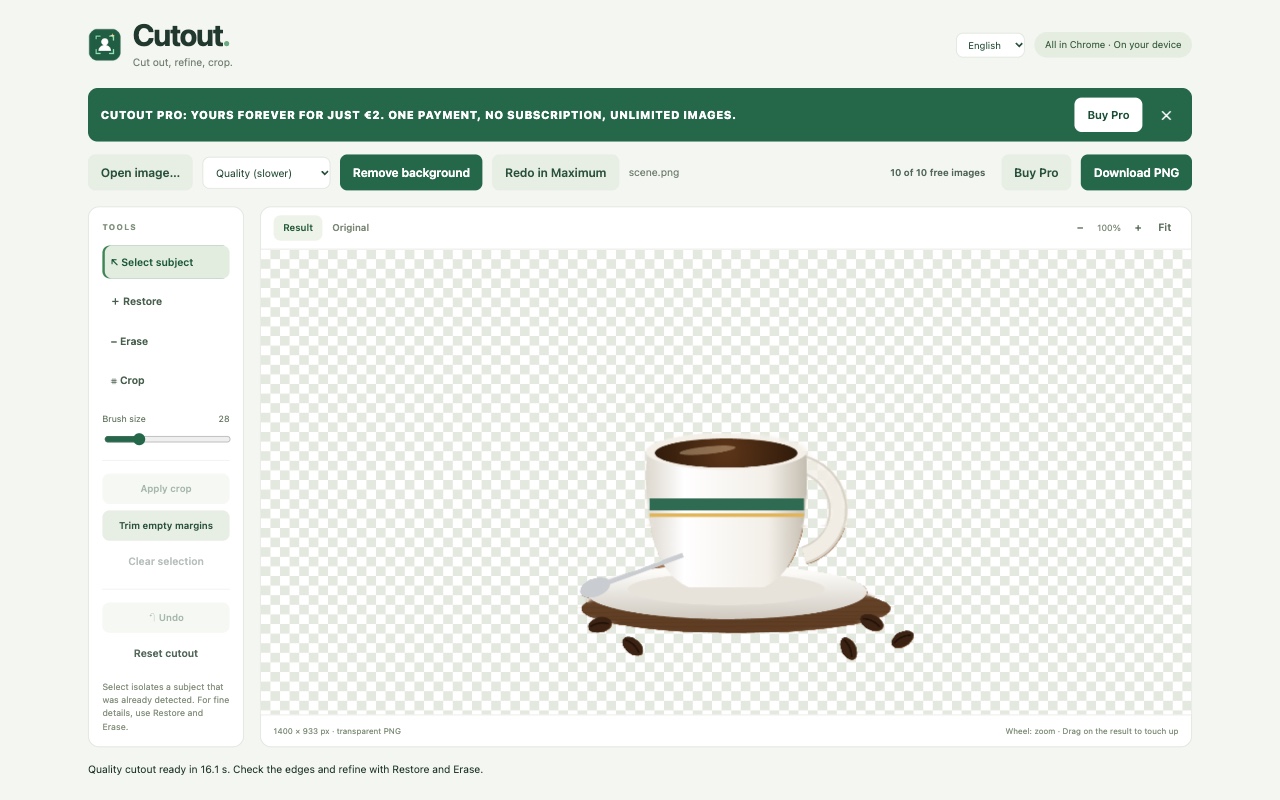 The Cutout editor showing a coffee cup on a transparent background
